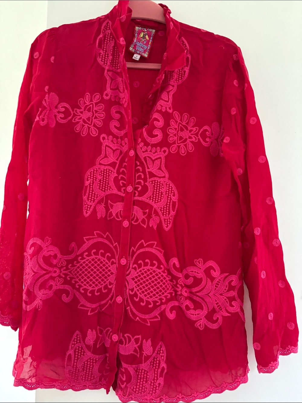 Johnny Was Bright Red Embroidered Sheer Button Blouse